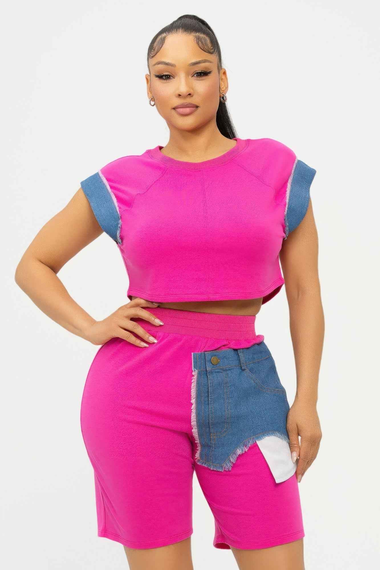 Color Block Denim Sleeve Top And Biker Shorts Set