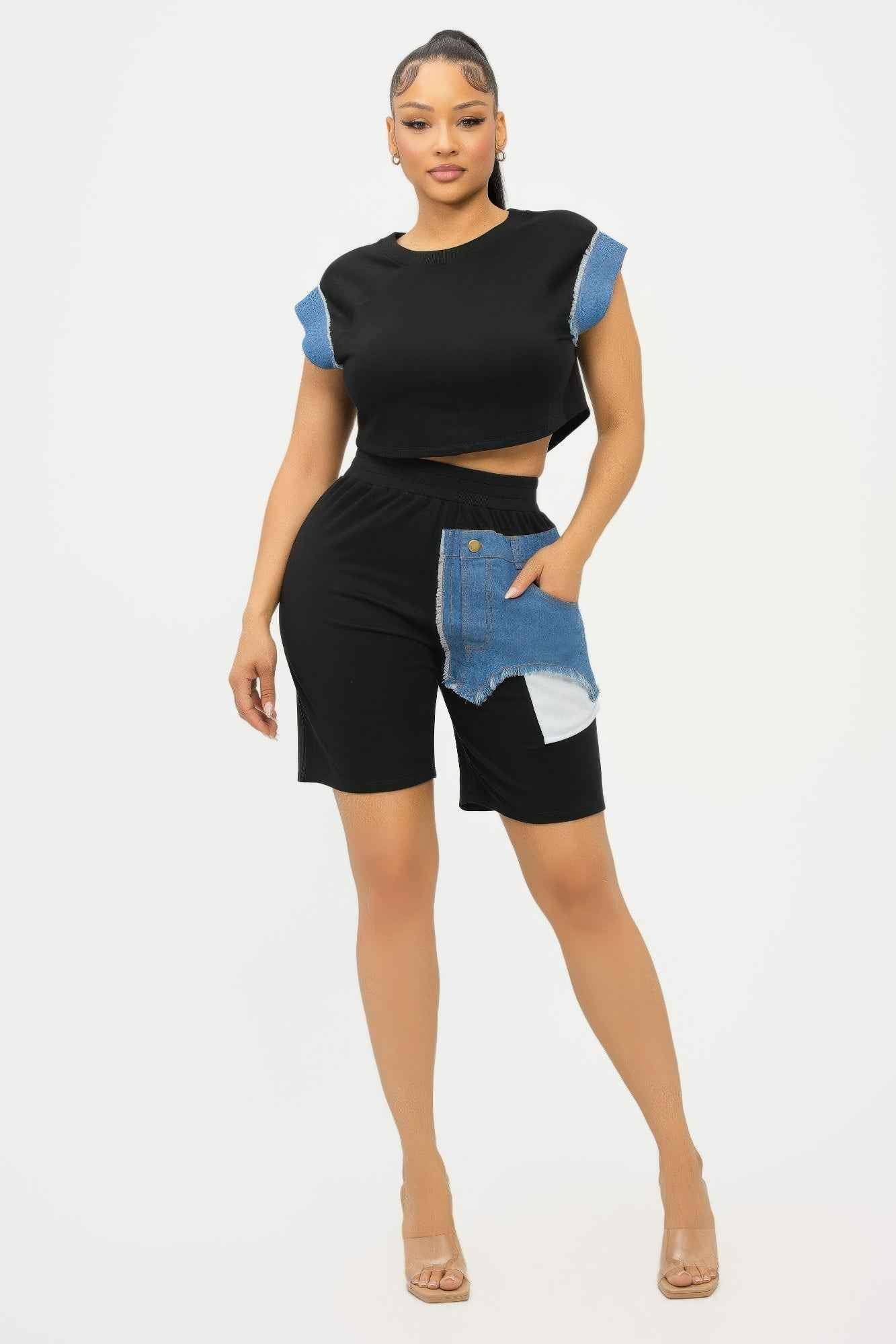 Color Block Denim Sleeve Top And Biker Shorts Set