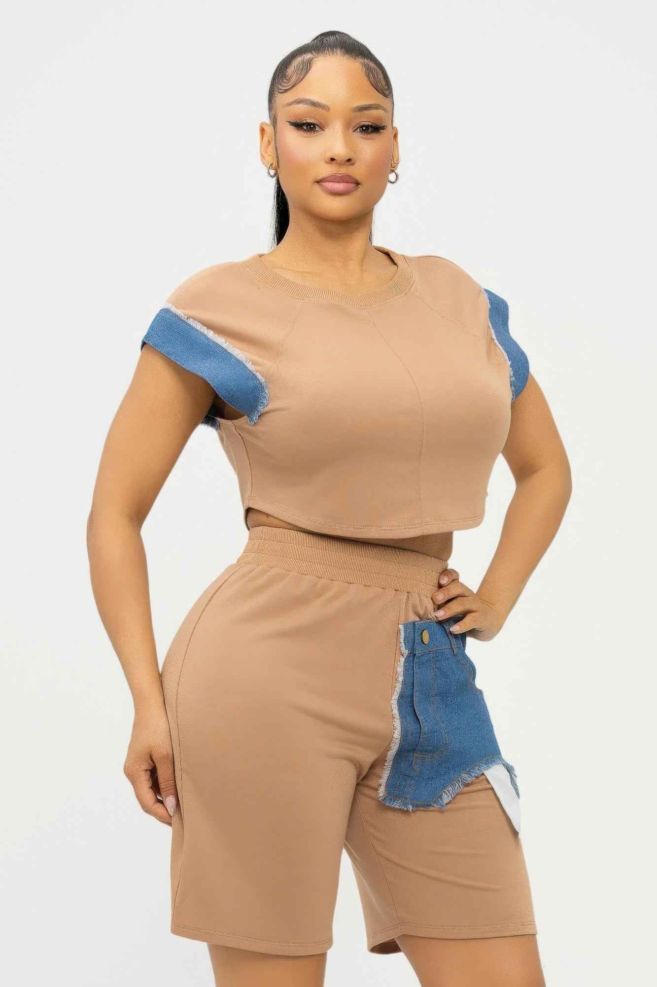 Color Block Denim Sleeve Top And Biker Shorts Set