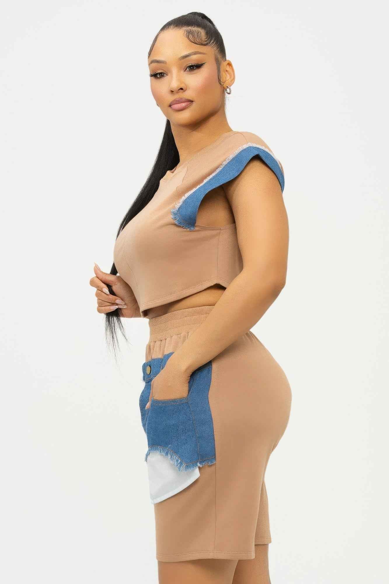 Color Block Denim Sleeve Top And Biker Shorts Set