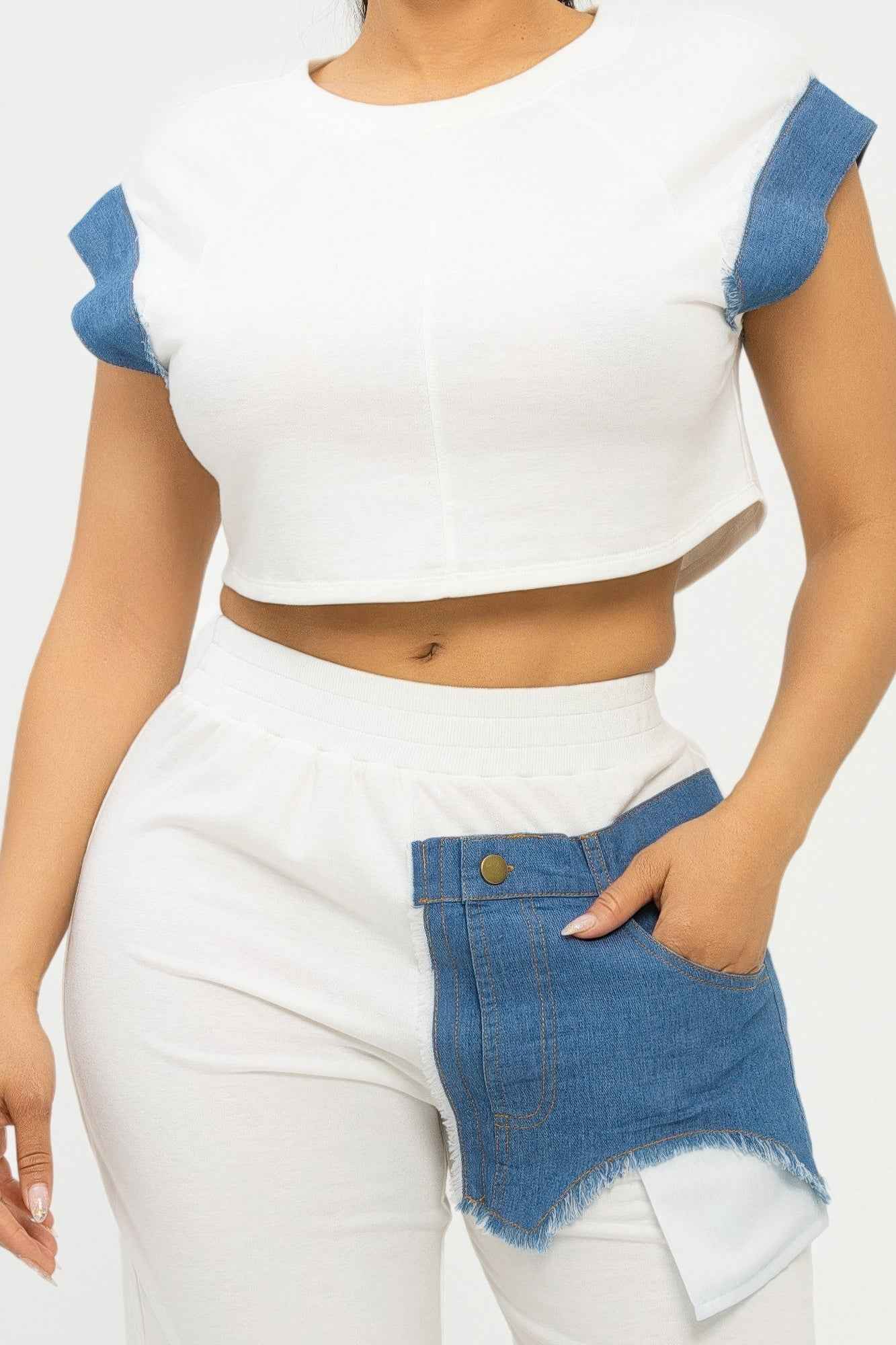 Color Block Denim Sleeve Top And Biker Shorts Set