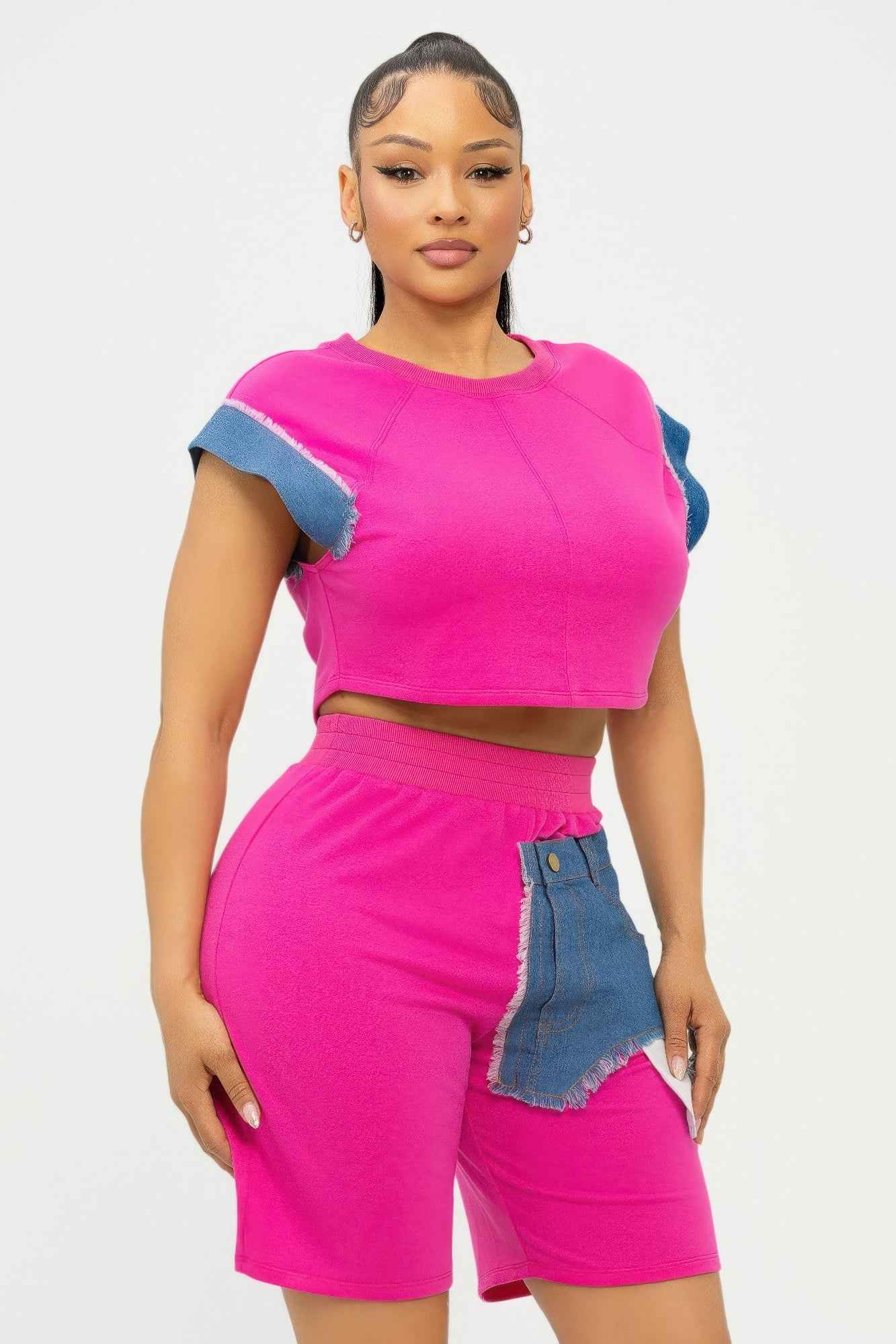 Color Block Denim Sleeve Top And Biker Shorts Set