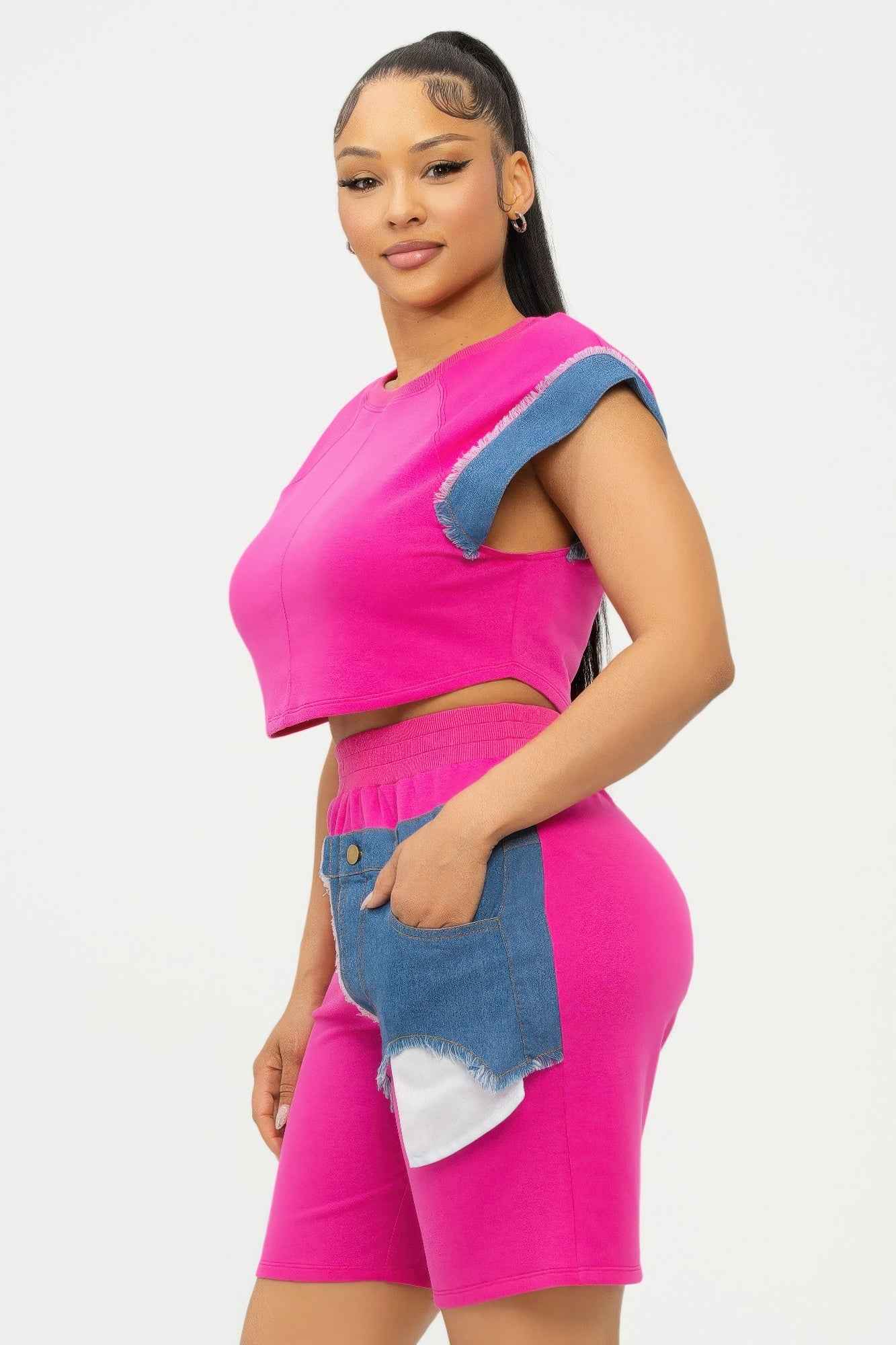 Color Block Denim Sleeve Top And Biker Shorts Set