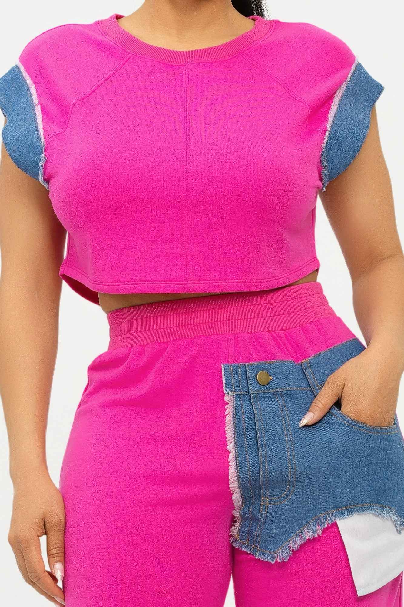 Color Block Denim Sleeve Top And Biker Shorts Set