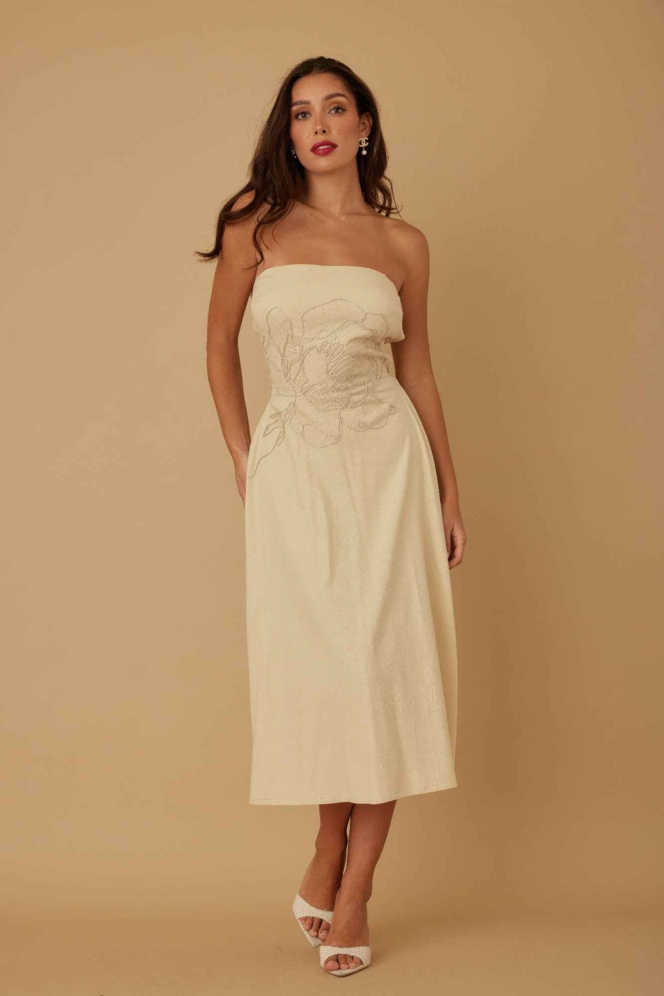 Flower Lining Linen Pattern Strapless Dress