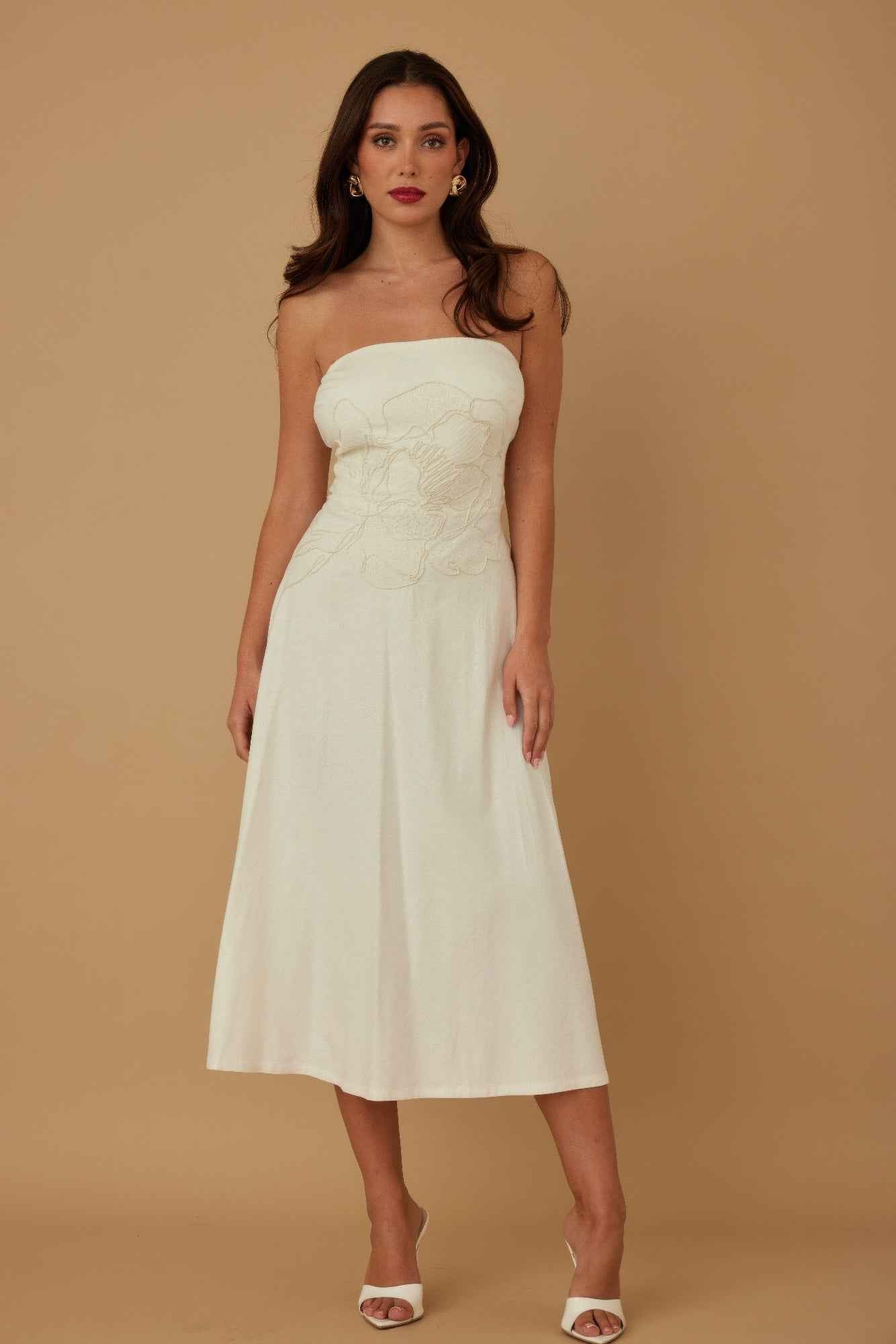 Flower Lining Linen Pattern Strapless Dress