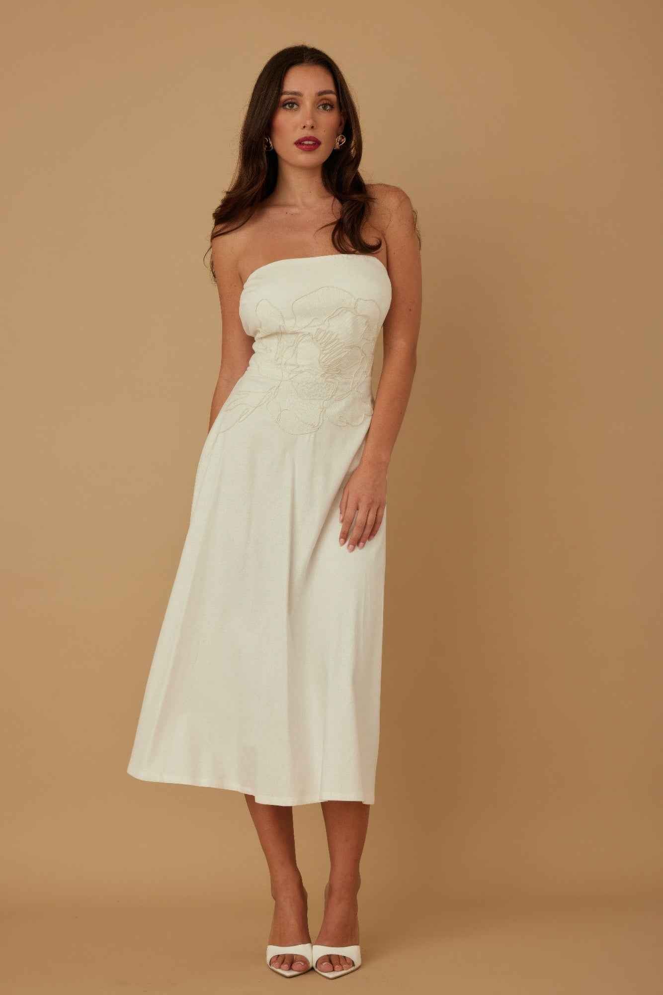 Flower Lining Linen Pattern Strapless Dress