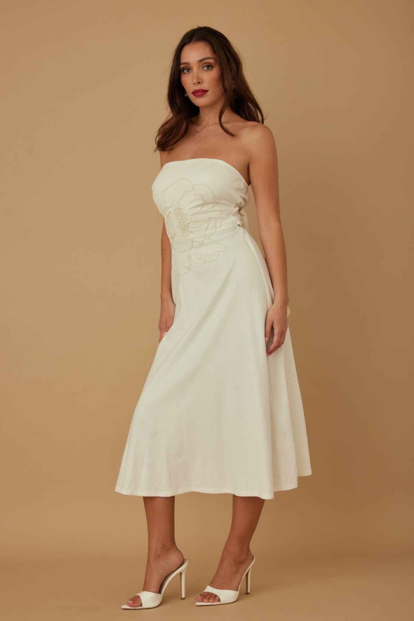 Flower Lining Linen Pattern Strapless Dress