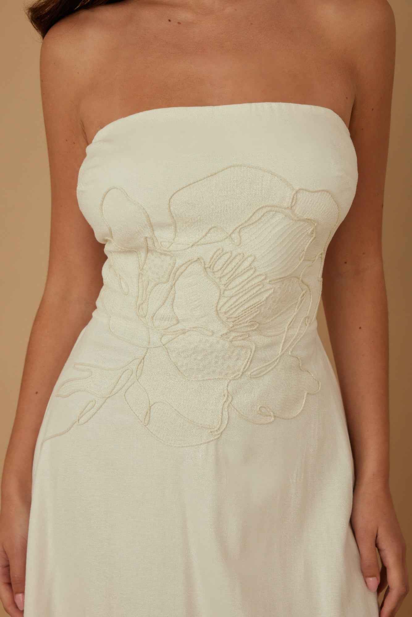 Flower Lining Linen Pattern Strapless Dress