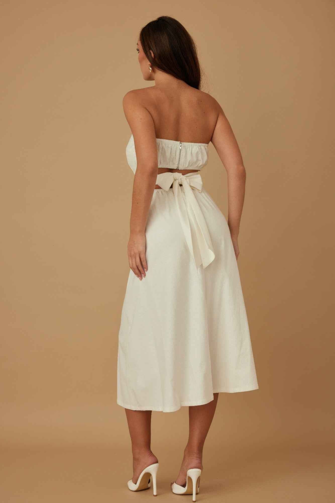 Flower Lining Linen Pattern Strapless Dress