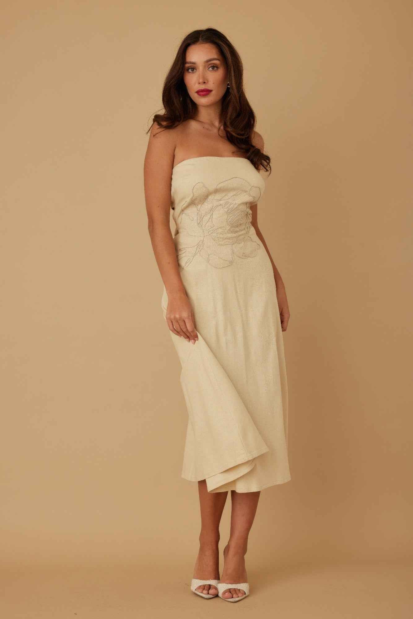 Flower Lining Linen Pattern Strapless Dress