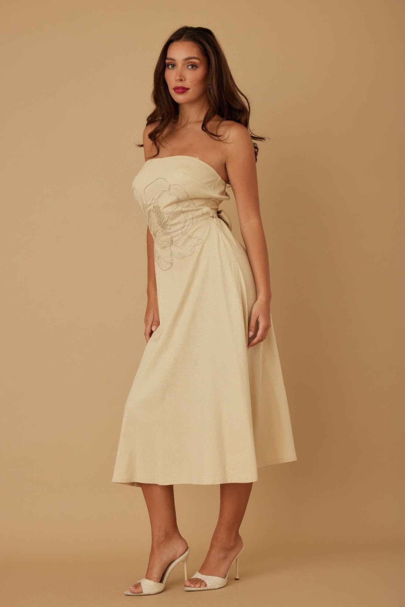 Flower Lining Linen Pattern Strapless Dress