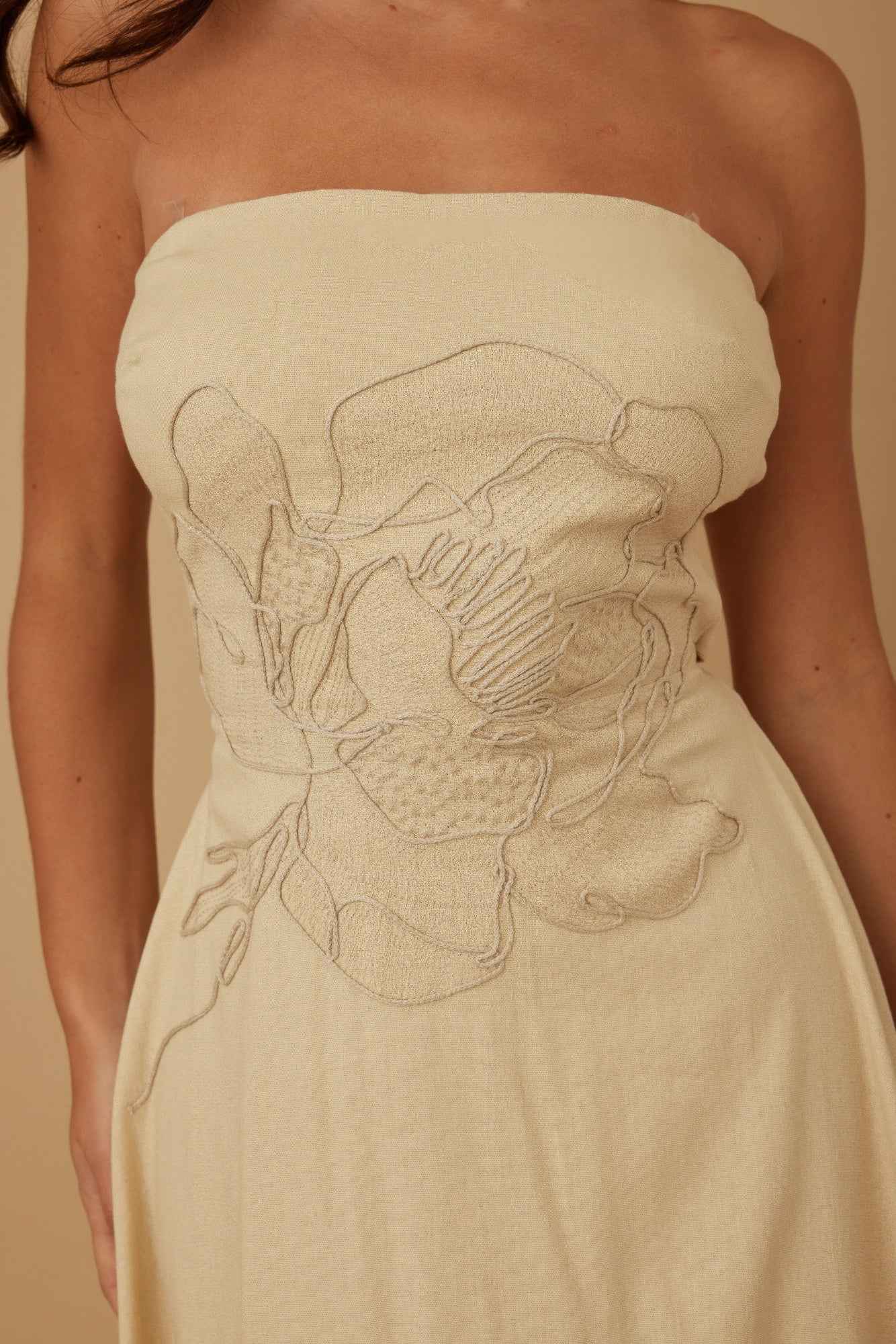 Flower Lining Linen Pattern Strapless Dress