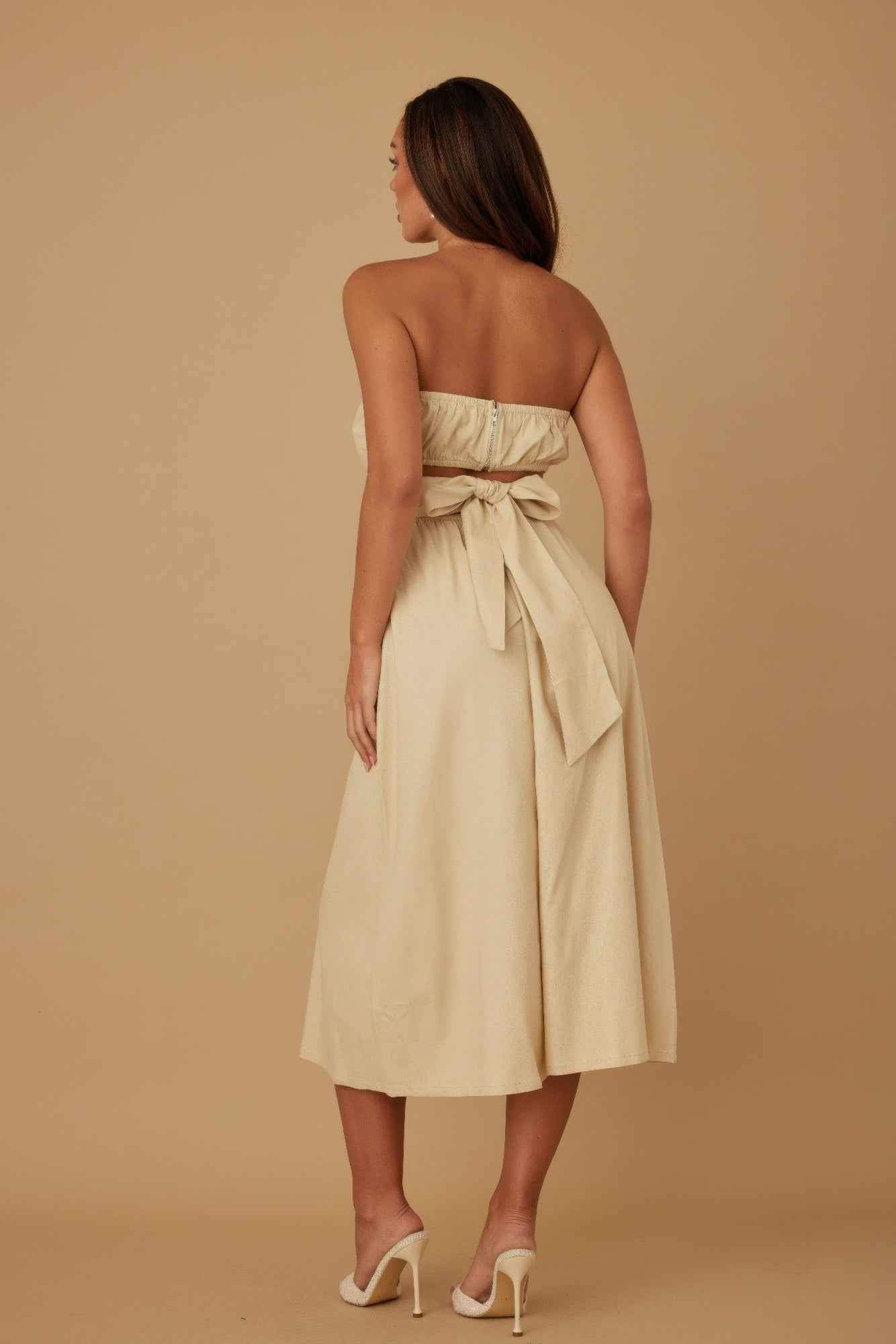 Flower Lining Linen Pattern Strapless Dress