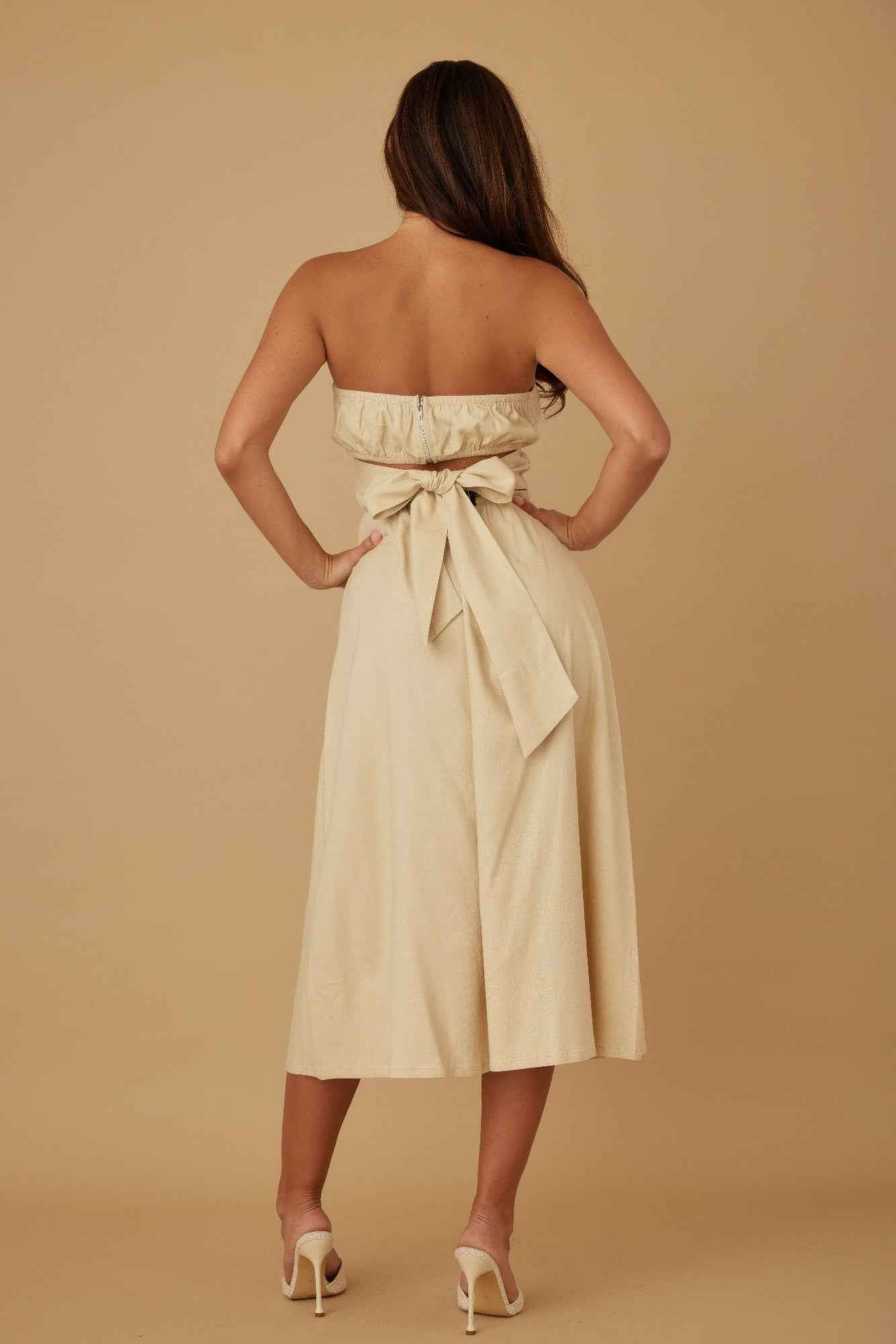 Flower Lining Linen Pattern Strapless Dress