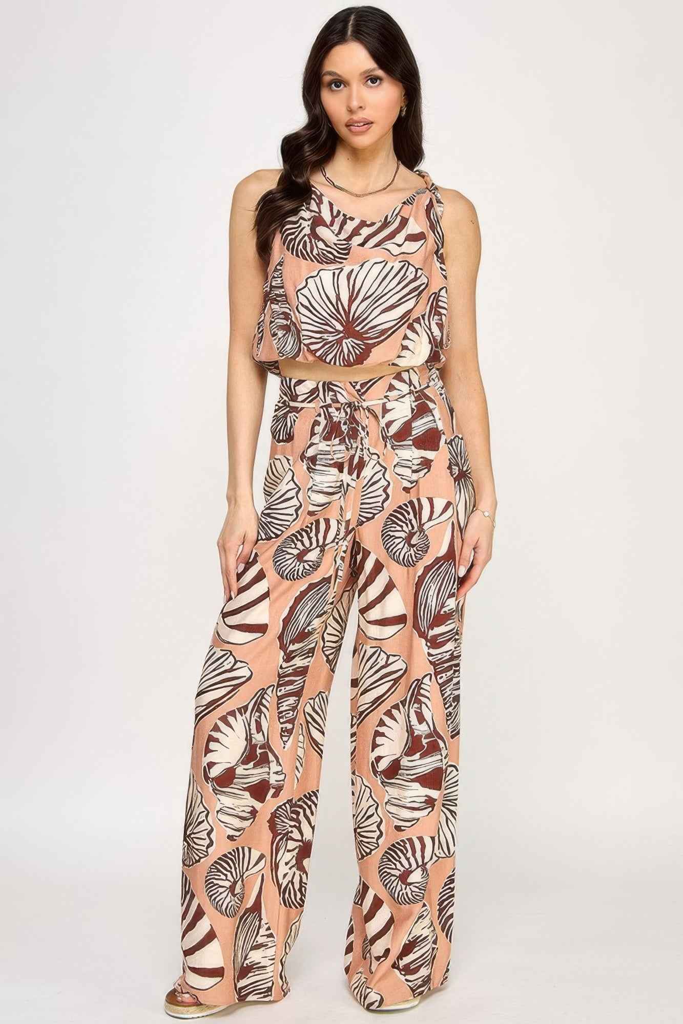 Printed Sleeveless Bubble Hem Top And Paper Bag Waist Pants Set