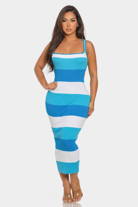 Multi Stripe Stretchy Knit Midi Dress