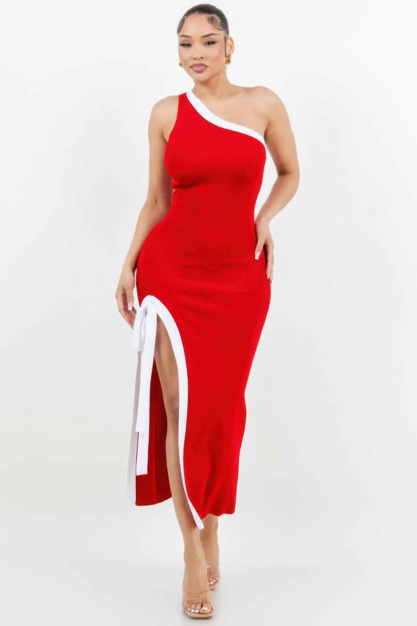 One Shoulder Side Slit Tie-up Maxi Dress