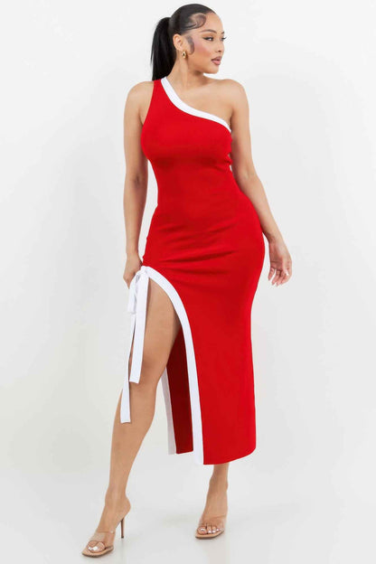 One Shoulder Side Slit Tie-up Maxi Dress