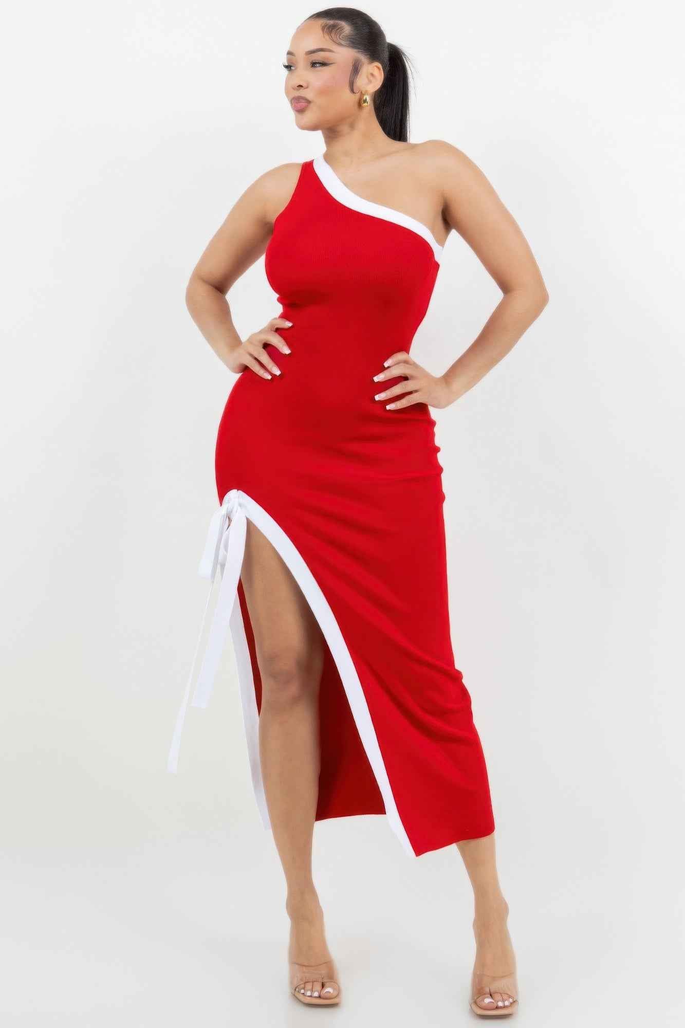 One Shoulder Side Slit Tie-up Maxi Dress