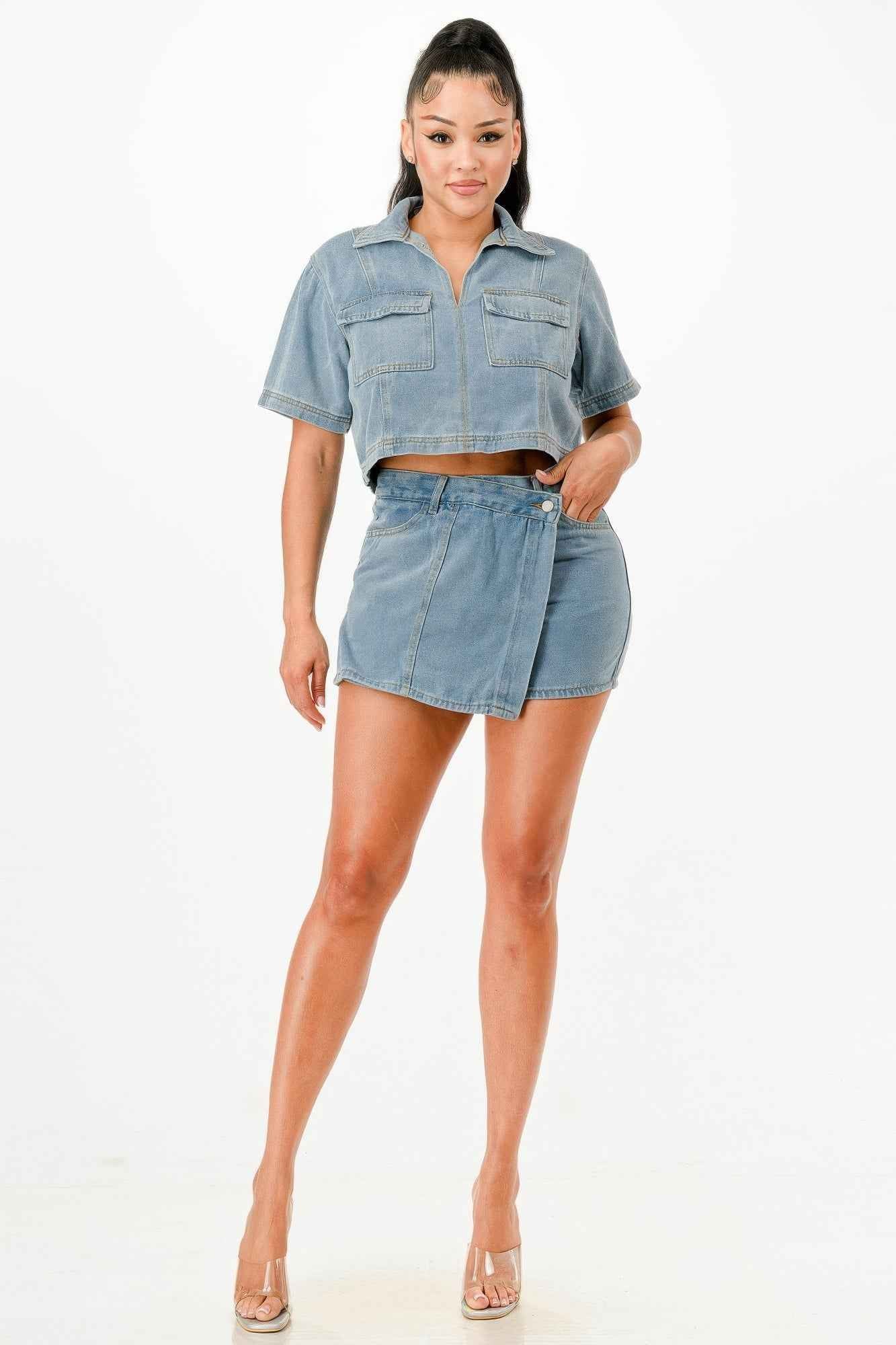 Cropped Denim Shirt And Skort Set