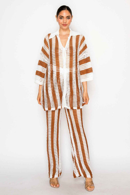 Sheer Stripe Polo Knit Pants Set
