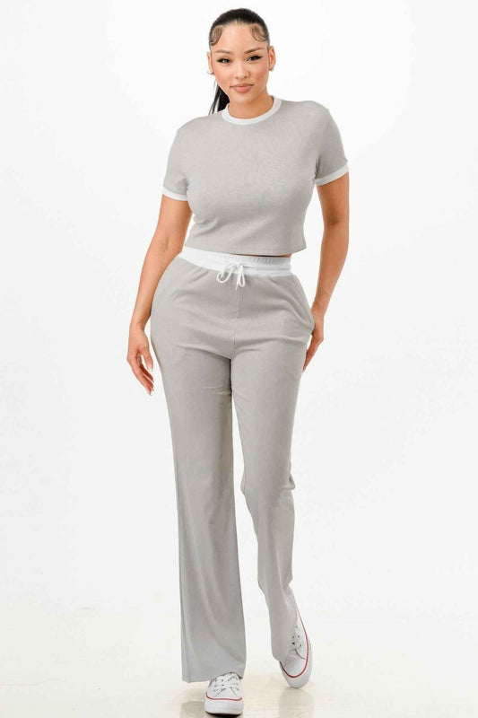 Ribbed Contrast Binding Top And Pants Set