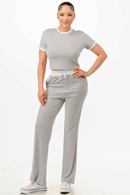 Ribbed Contrast Binding Top And Pants Set