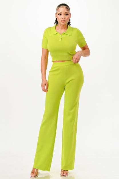 Cropped Polo Sweater Shirt And Pants Set - It's a Girly Place