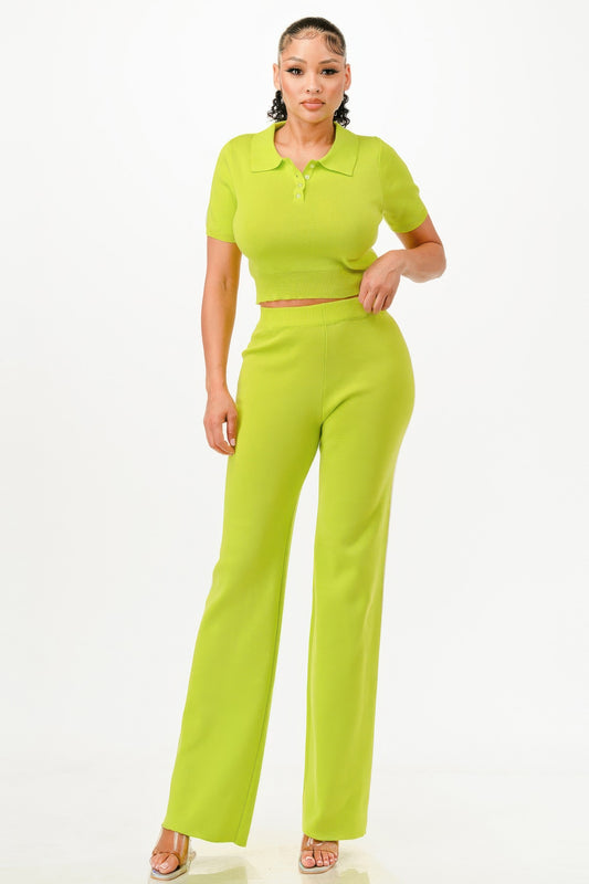 Cropped Polo Sweater Shirt And Pants Set - It's a Girly Place