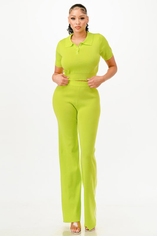 Cropped Polo Sweater Shirt And Pants Set - It's a Girly Place