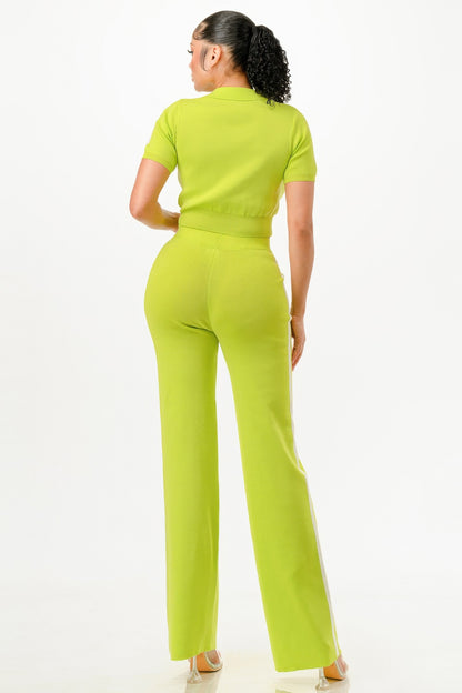 Cropped Polo Sweater Shirt And Pants Set - It's a Girly Place