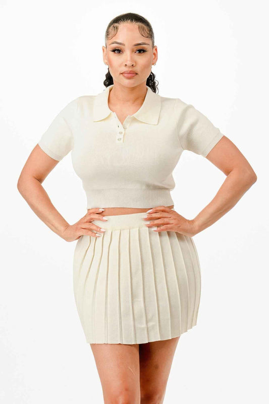 Cropped Polo Sweater Shirt And Skirt Set