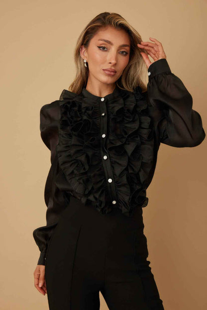 Ruffle Micro Crystal Long Sleeve Blouse