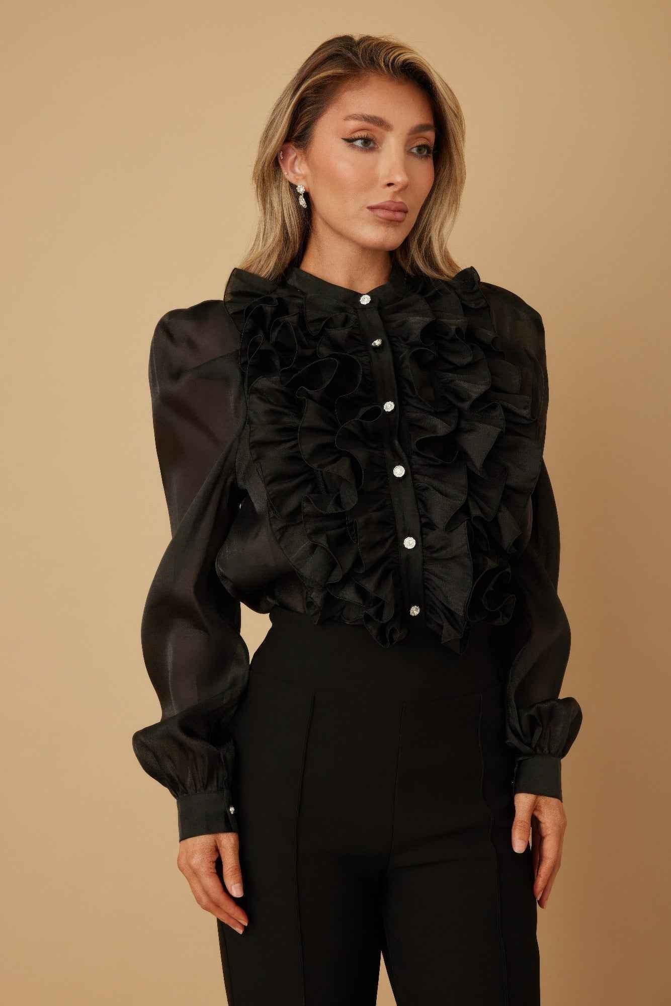 Ruffle Micro Crystal Long Sleeve Blouse