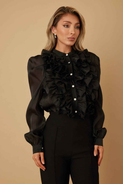 Ruffle Micro Crystal Long Sleeve Blouse