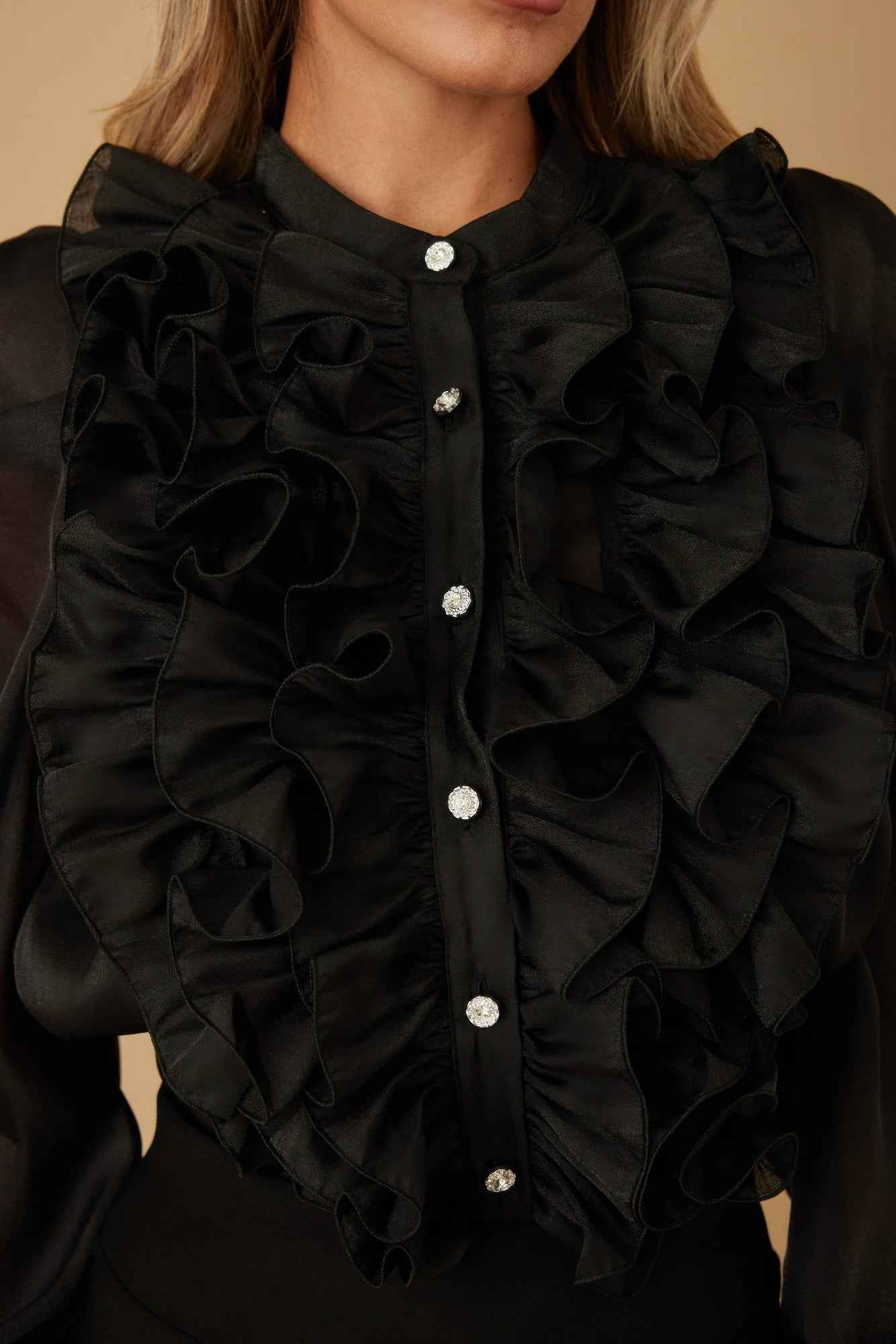 Ruffle Micro Crystal Long Sleeve Blouse