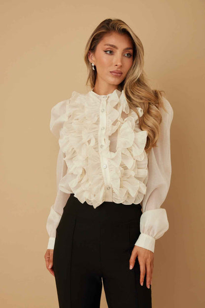 Ruffle Micro Crystal Long Sleeve Blouse