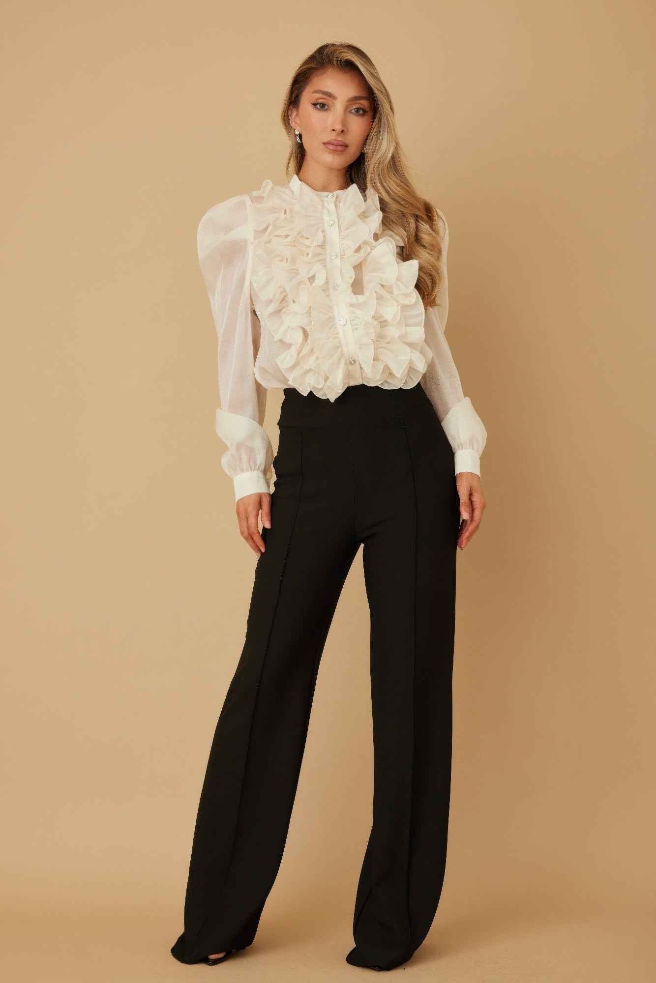 Ruffle Micro Crystal Long Sleeve Blouse