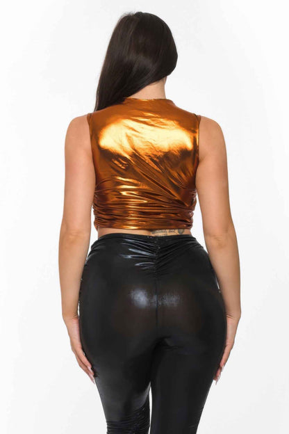 Metallic Mock Neck Crop Top