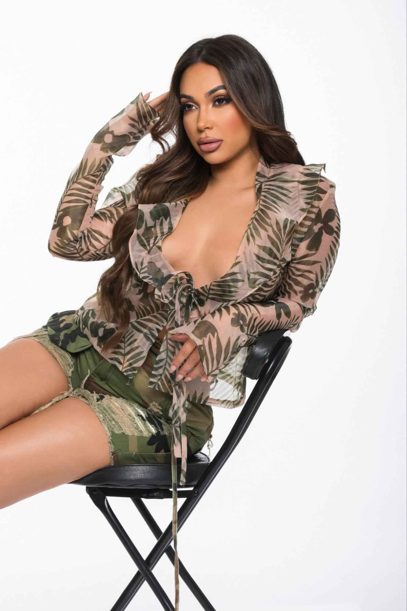 Leaf Printed Sheer Blouse