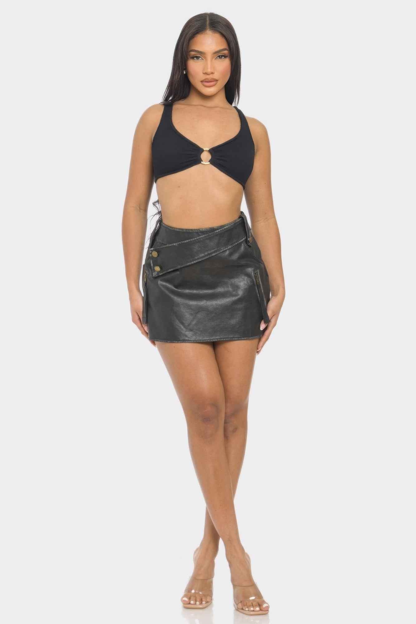 Faux Leather Strap Mini Skirt