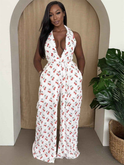 Cherry Print Halter Wide-leg Jumpsuit