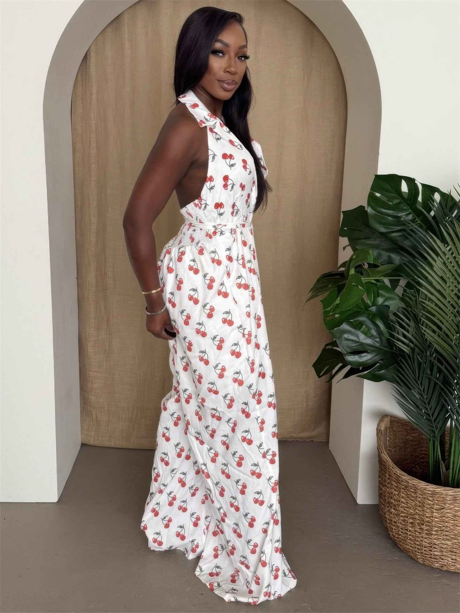 Cherry Print Halter Wide-leg Jumpsuit