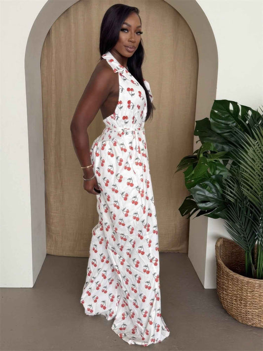 Cherry Print Halter Wide-leg Jumpsuit
