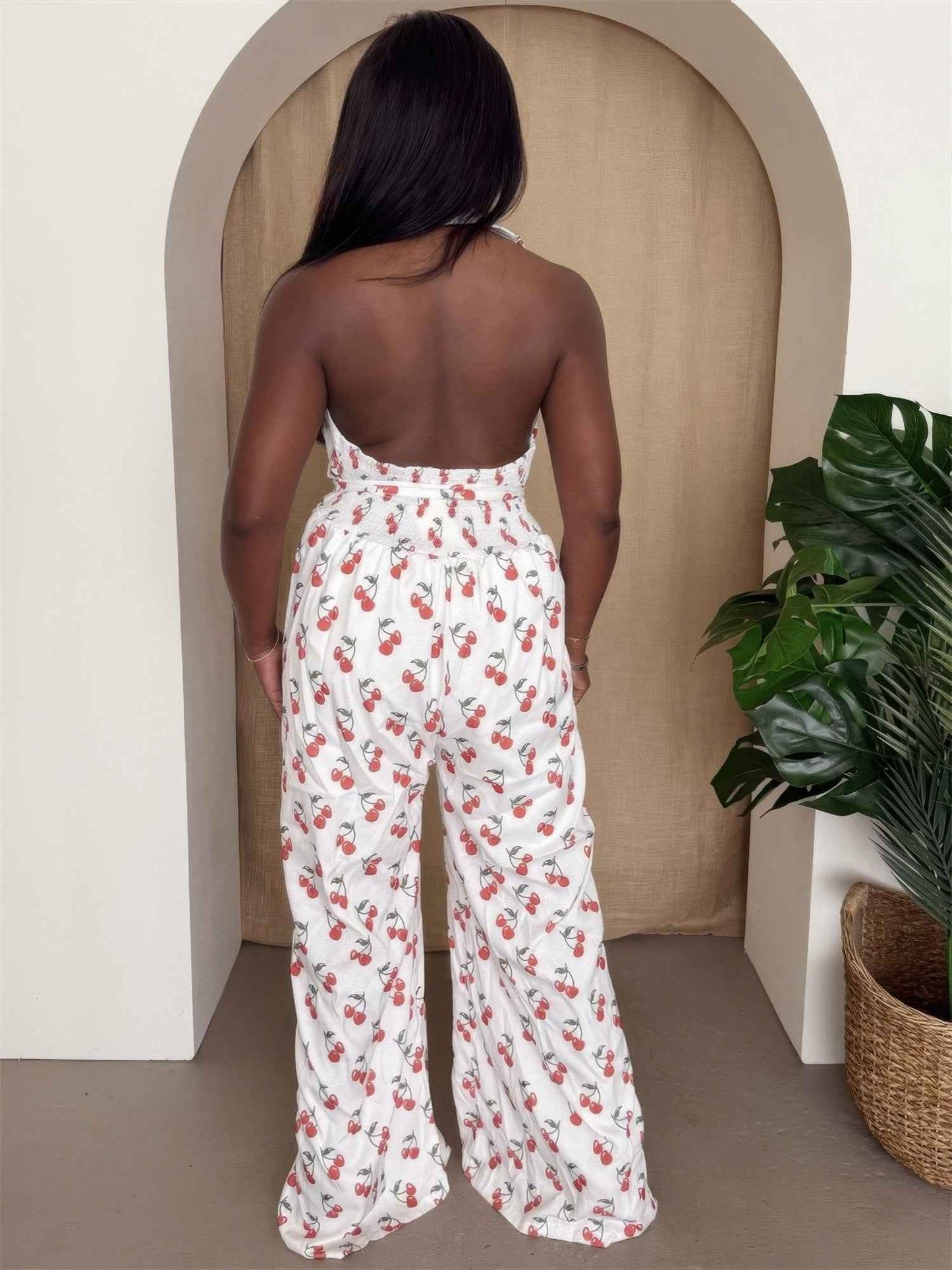 Cherry Print Halter Wide-leg Jumpsuit