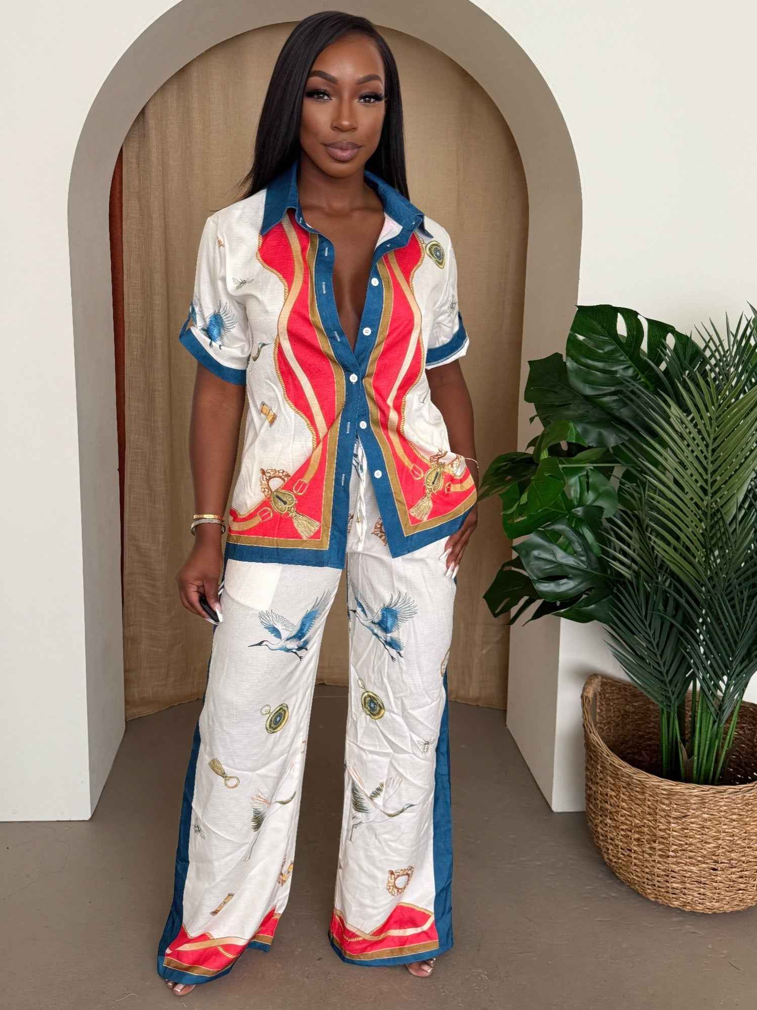 Crane & Nautical Print Shirt Pant Set Ivory Multi