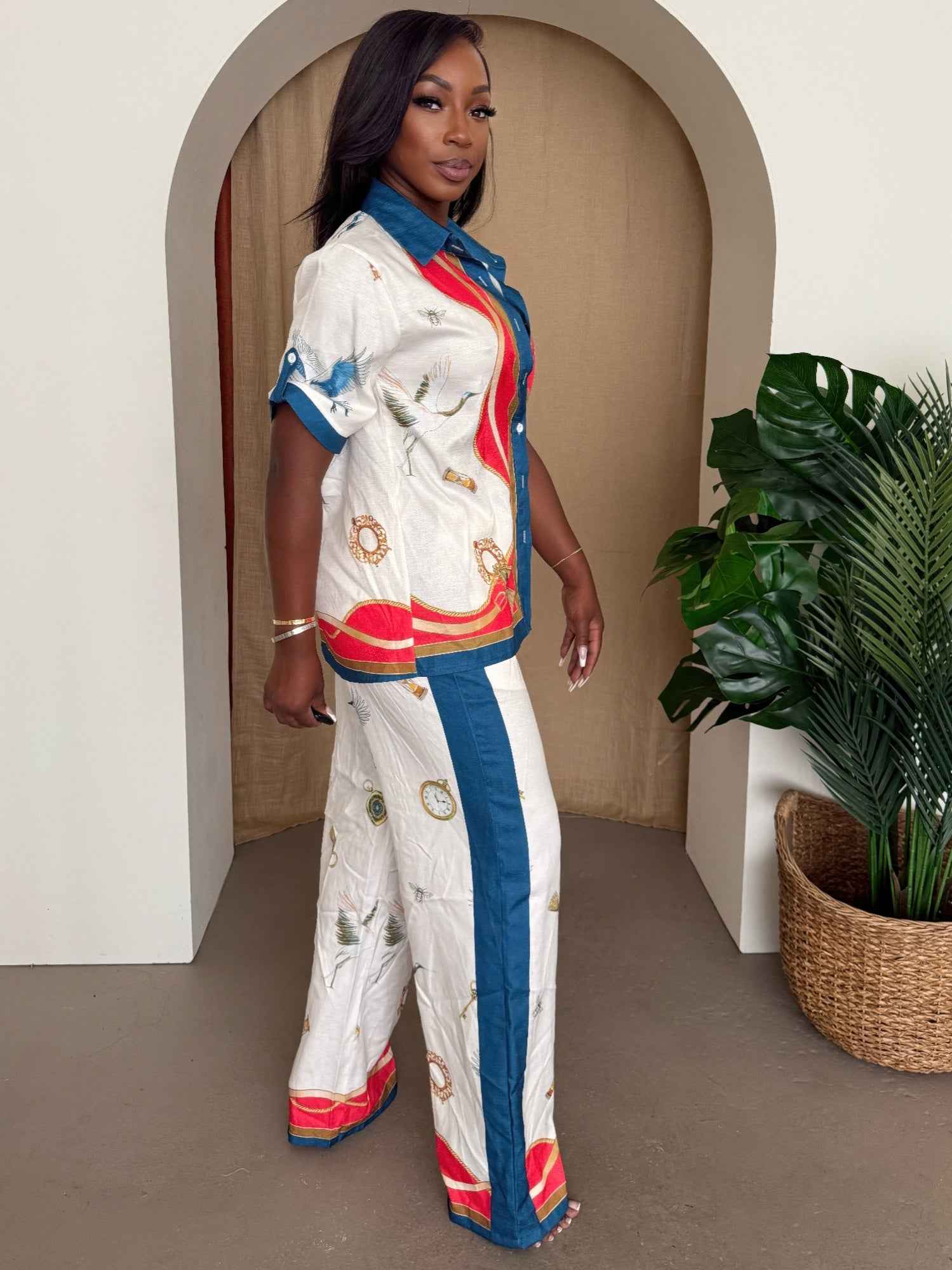 Crane & Nautical Print Shirt Pant Set Ivory Multi