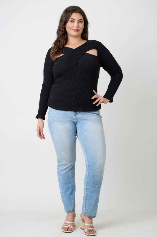 Plus Size Black Ribbed Cutout Long Sleeve Top