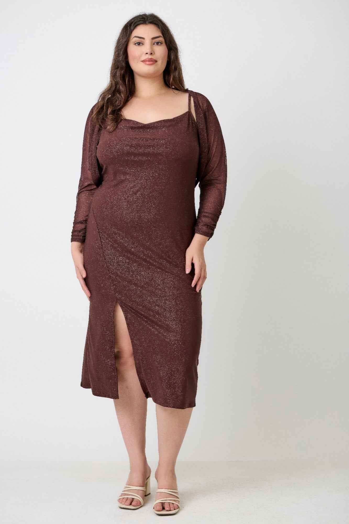 Plus Shimmer Midi Dress With Front Slit Dress Only